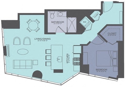 Floor plan for 1 bed, 1 bath, 851 sqft